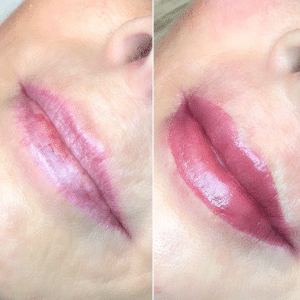 Before and after lip liner and tint improving lip tone and contour at Beauty Glam Studio in Boca Raton, FL.
