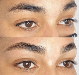 Before and after brow lamination results showing lifted, smoother, and more defined brows at Beauty Glam Studio in Boca Raton, FL.